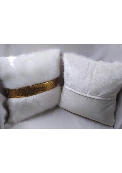 Peluş Şeritli Kırlent Kılıfı - (Beyaz Peluş-Gold Şeritli)