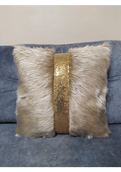 Peluş Şeritli Kırlent Kılıfı - (Vizon Peluş-Gold Şeritli)