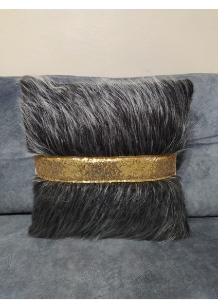 Peluş Şeritli Kırlent Kılıfı - (Antrasit Peluş-Gold Şeritli)
