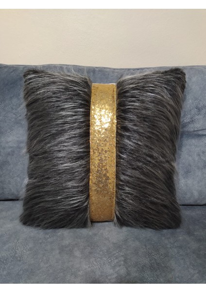 Peluş Şeritli Kırlent Kılıfı - (Antrasit Peluş-Gold Şeritli)