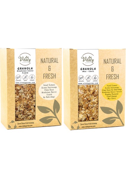 Katkısız Granola Hindistan Cevizi - Fındık 320 gr ve Muz - Ceviz 320 gr 2li Set