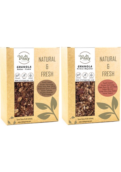Katkısız Granola Kakao - Fındık 320 gr ve Kırmızı Meyveler 320 gr 2li Set