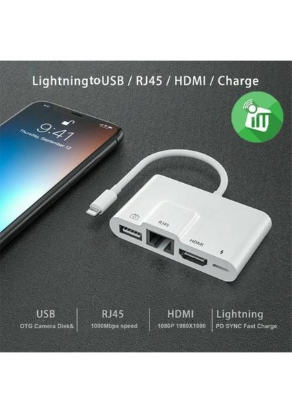 Apple Ipad ve Iphone Için Lightning 3in1 HDMI, RJ45 ve Otg Dönüştürücü