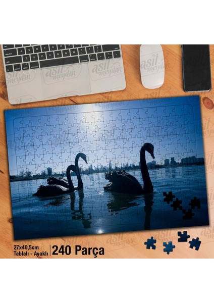Asil Hobi Gün Batımı - Kuğular - Deniz - Hayvan Yapboz- Ayak Destekli Çerçeveli 240 Parça Puzzle