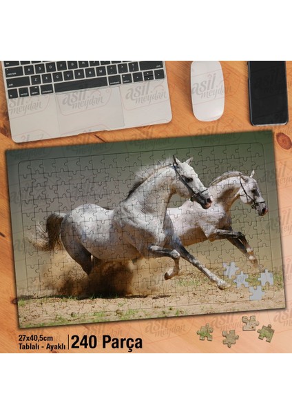Asil Hobi Koşan Beyaz Atlar - Vahşi Yaşam -Hayvan Yapboz-Ayak Destekli Çerçeveli 240 Parça Puzzle