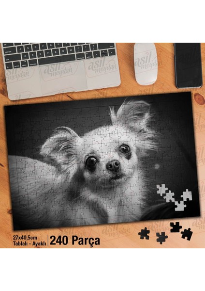 Asil Hobi Chihuahua - Siyah Beyaz Resim -Köpek Yapboz -Ayak Destekli Çerçeveli 240 Parça Puzzle