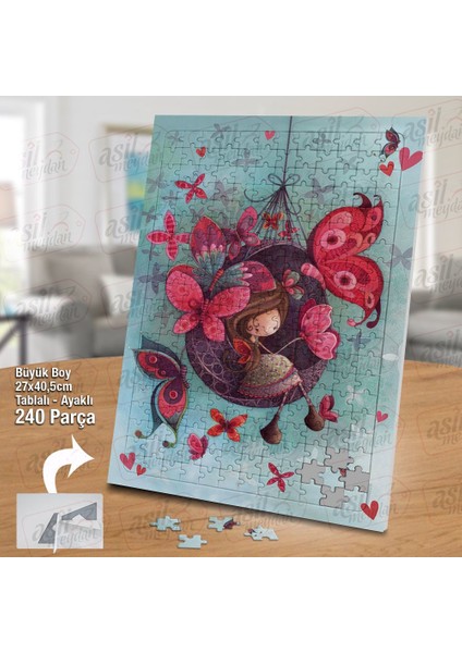 Asil Hobi Iliüstrasyon Çizim -Kelebekler -Küçük Kız Yapboz -Ayak Destekli Çerçeveli 240 Parça Puzzle