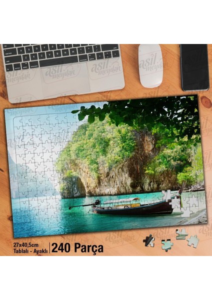 Asil Hobi Mavi Deniz -Sandal -Tekne -Ağaçlar -Doğa Yapboz -Ayak Destekli Çerçeveli 240 Parça Puzzle