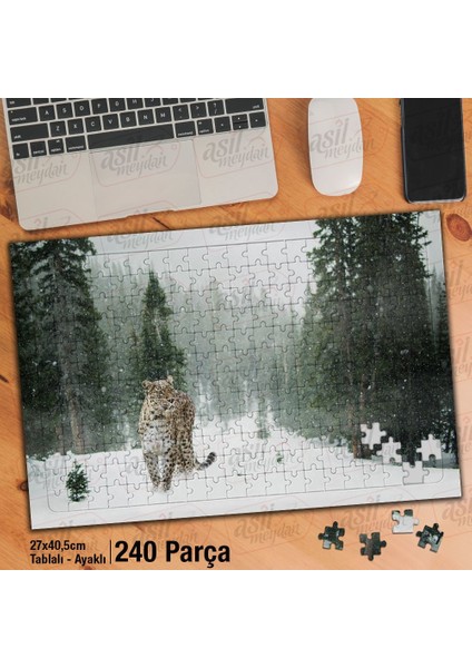 Asil Hobi Leopar- Kar - Kış -Vahşi Hayvanlar -Doğa Yapboz -Ayak Destekli Çerçeveli 240 Parça Puzzle