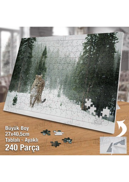 Asil Hobi Leopar- Kar - Kış -Vahşi Hayvanlar -Doğa Yapboz -Ayak Destekli Çerçeveli 240 Parça Puzzle