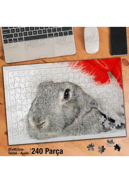 Asil Hobi Kırmızı Şapkalı Gri Tavşan-Sevimli Hayvan Yapboz-Ayak Destekli Çerçeveli 240 Parça Puzzle