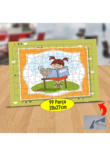 Kedisine Kitap Okuyan Mutlu Kız 99 Parça Puzzle Yapboz TABLO-340