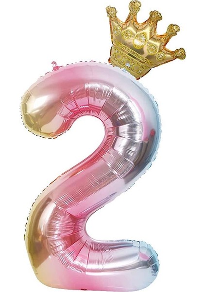 2 Yaş Gökkuşağı Rakam ve Kral Tacı Folyo Balon Doğum Günü Parti Kutlama Seti