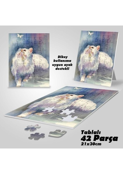 Asil Hobi Beyaz Kelebek ve Kedi - Sevimli Hayvanlar Yapboz- Ayak Destekli Çerçeveli 42 Parça Puzzle