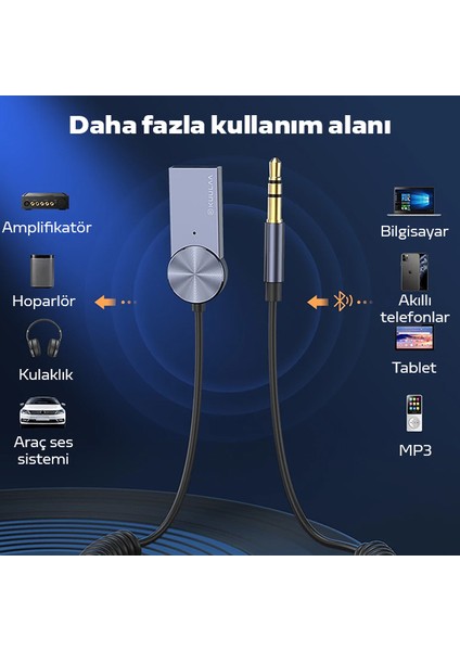 USB Bluetooth 5.0 3.5 Aux Receiver Aux Wireless Araç Kiti- Siyah