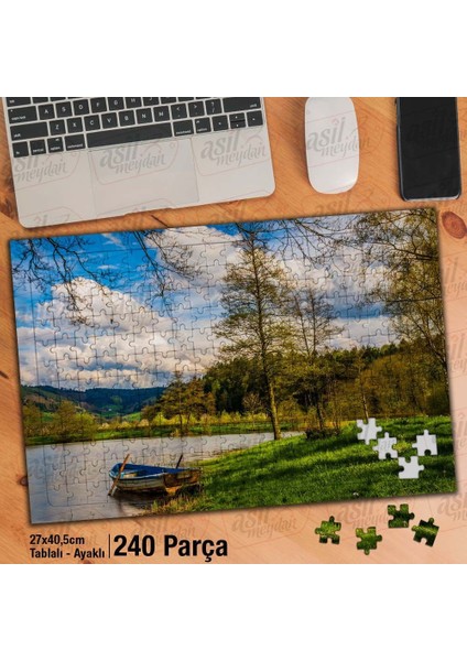Asil Hobi Gökyüzü - Ağaçlar - Çimen - Kayık - Gölet Yapboz- Ayak Destekli Çerçeveli 240 Parça Puzzle