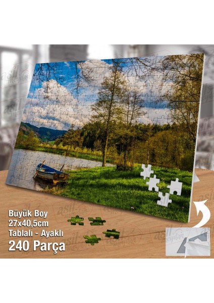 Asil Hobi Gökyüzü - Ağaçlar - Çimen - Kayık - Gölet Yapboz- Ayak Destekli Çerçeveli 240 Parça Puzzle