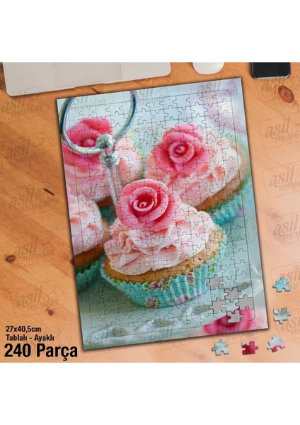Asil Hobi Kek - Pembe -Mavi - Yiyecek Yapboz - Ayak Destekli Çerçeveli 240 Parça Puzzle