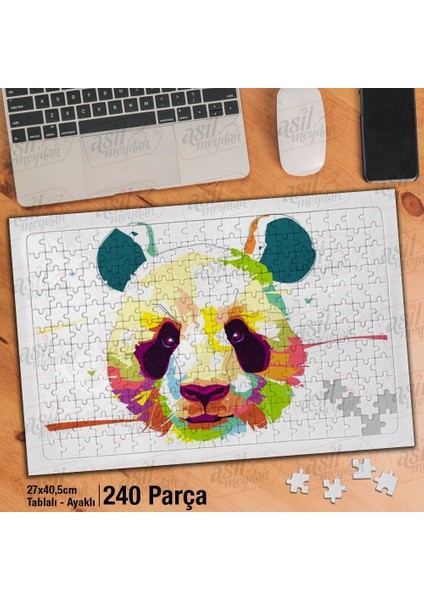 Asil Hobi Renkli Panda Kafası - Sevimli Hayvan Yapboz - Ayak Destekli Çerçeveli 240 Parça Puzzle
