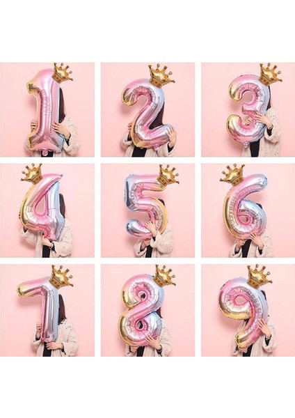 2 Yaş Gökkuşağı Rakam ve Kral Tacı Folyo Balon Doğum Günü Parti Kutlama Seti modelleri