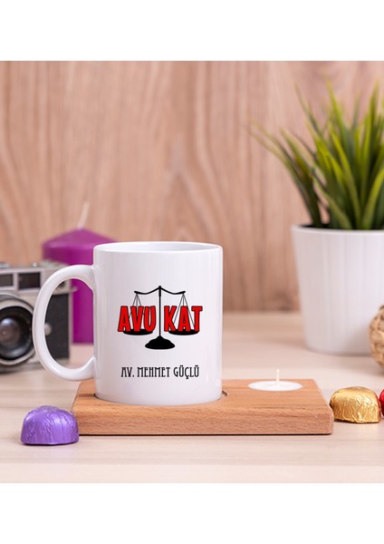 Kişiye Özel Avukat Ahşap Altlıklı Mumlu Beyaz Kupa Bardak