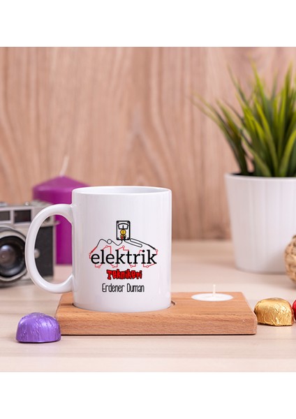 Kişiye Özel Elektrik Teknikeri Ahşap Altlıklı Mumlu Beyaz Kupa Bardak