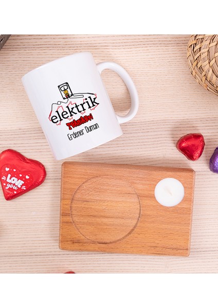 Kişiye Özel Elektrik Teknikeri Ahşap Altlıklı Mumlu Beyaz Kupa Bardak fiyatları