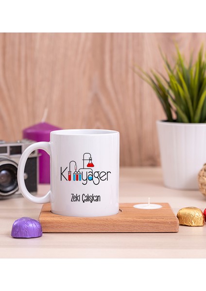 Kişiye Özel Kimyager Ahşap Altlıklı Mumlu Beyaz Kupa Bardak