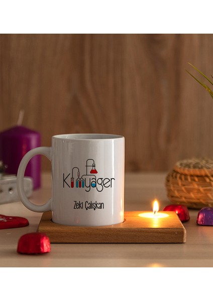 Kişiye Özel Kimyager Ahşap Altlıklı Mumlu Beyaz Kupa Bardak modelleri