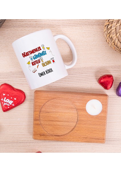 Kişiye Özel Öğretmenler Günü Ahşap Altlıklı Mumlu Beyaz Kupa Bardak fiyatları