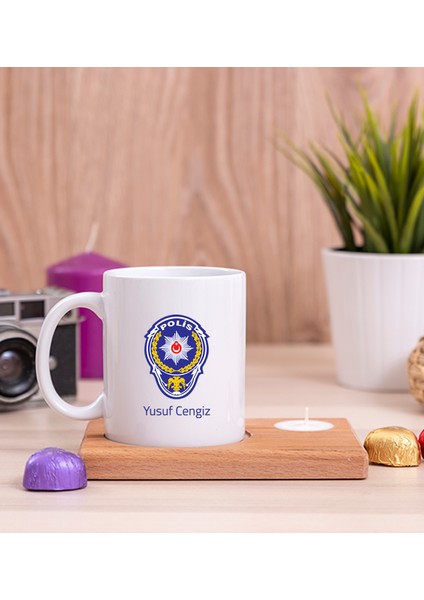 Kişiye Özel Polis Logolu Ahşap Altlıklı Mumlu Beyaz Kupa Bardak