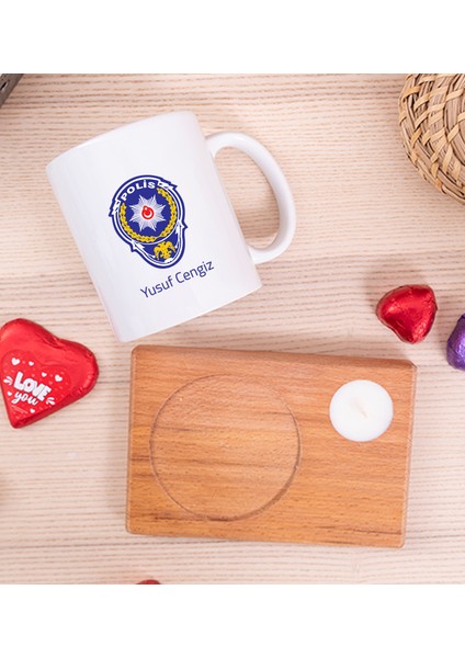 Kişiye Özel Polis Logolu Ahşap Altlıklı Mumlu Beyaz Kupa Bardak fiyatları