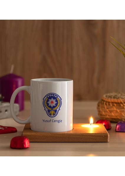 Kişiye Özel Polis Logolu Ahşap Altlıklı Mumlu Beyaz Kupa Bardak modelleri