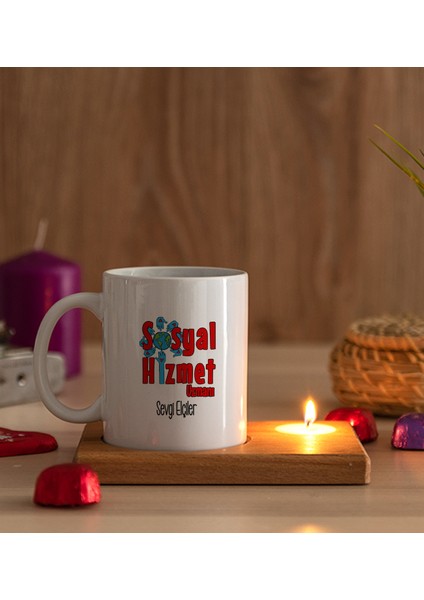 Kişiye Özel Sosyal Hizmet Uzmanı Ahşap Altlıklı Mumlu Beyaz Kupa Bardak