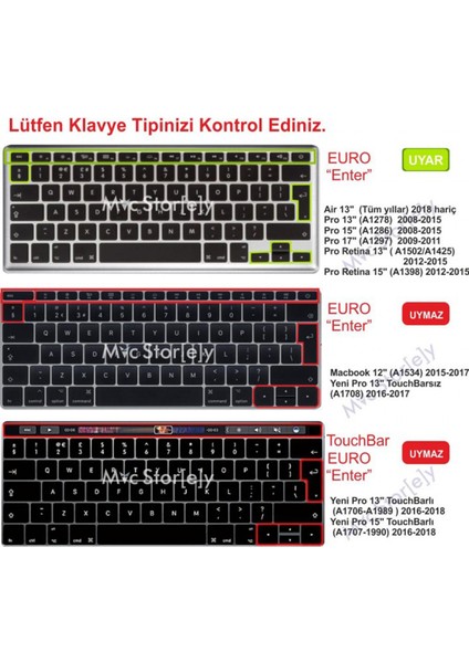 Macbook Klavye Koruyucu Air Pro (UK-EU İngilizce) (Eski USB'li Model 2008/2017) ile Uyumlu modelleri