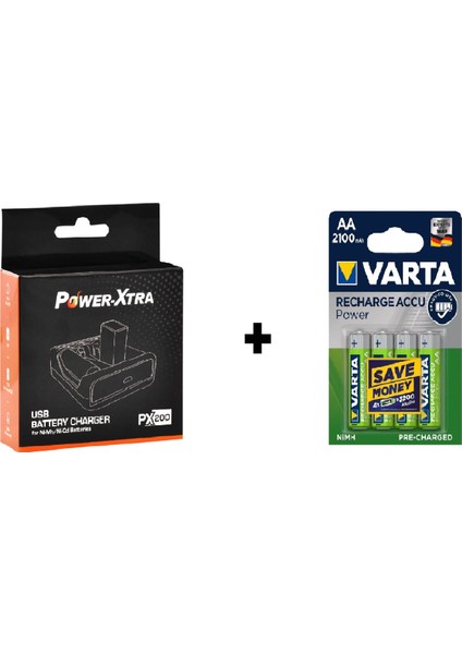 Power-Xtra PX200 Pil Şarj Cihazı + Varta 2100 Mah Şarjlı Kalem Pil 4'lü