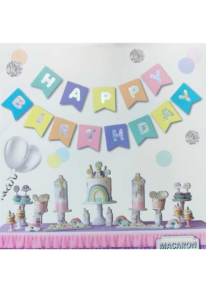 Macaron Renkler Hologram Happy Birthday Afiş