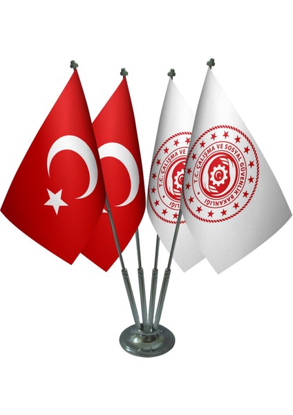 Masa Üstü Çalışma Bakanlığı Bayrağı Türk Bayrağı Dörtlü Krom Direk Masa Bayrak Seti