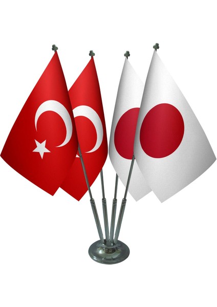 Masa Üstü Japonya Bayrağı Türk Bayrağı Dörtlü Krom Direk Masa Bayrak Seti