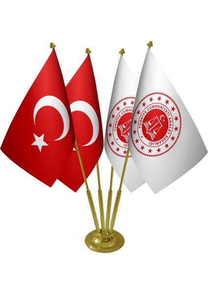 Masa Üstü Adalet Bakanlığı Bayrağı Türk Bayrağı Dörtlü Pirinç Direk Masa Bayrak Seti