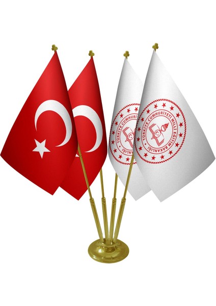 Masa Üstü Milli Eğitim Bakanlığı Bayrağı Türk Bayrağı Dörtlü Pirinç Direk Masa Bayrak Seti