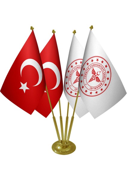 Masa Üstü Sağlık Bakanlığı Bayrağı Türk Bayrağı Dörtlü Pirinç Direk Masa Bayrak Seti