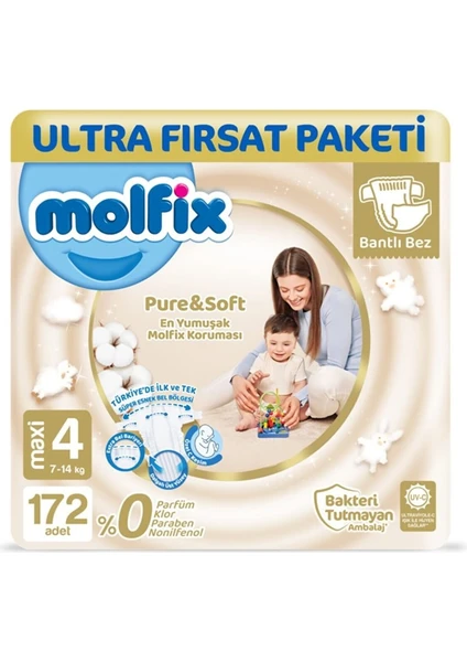 Pure&soft Bebek Bezi 4 Beden Maxi Ultra Fırsat Paketi 172 Adet