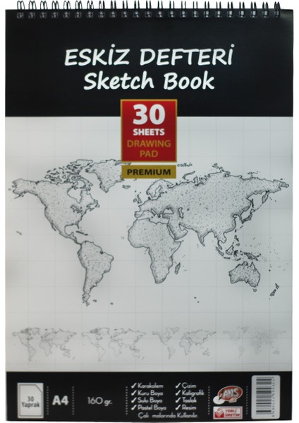 Spiralli Eskiz Defteri Pusulalı (Sketch Book) A4 160GR. 30 Yaprak