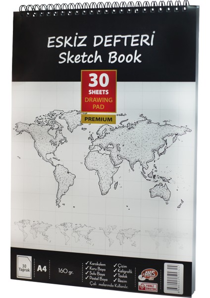 Spiralli Eskiz Defteri Pusulalı (Sketch Book) A4 160GR. 30 Yaprak