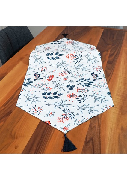 Lacivert Yaprak Kırmızı Çiçek Desenli Püsküllü Runner