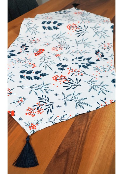 Lacivert Yaprak Kırmızı Çiçek Desenli Püsküllü Runner fiyatları