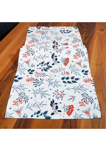 Lacivert Yaprak Kırmızı Çiçek Desenli Runner