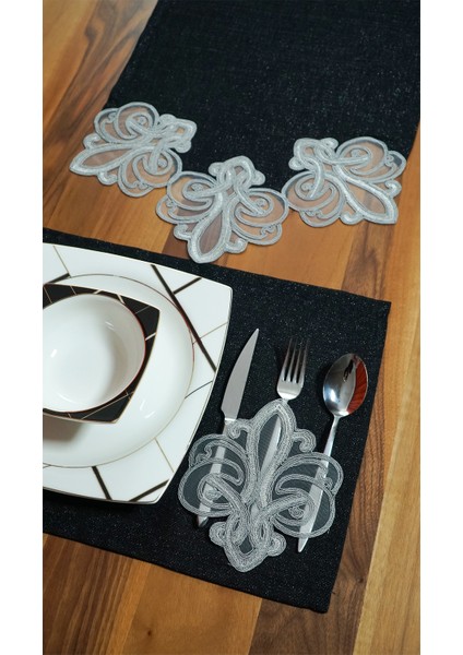 4 Adet Viento Model Siyah Simli Keten Amerikan Servis ve Runner Seti