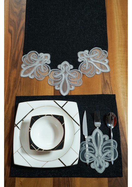 4 Adet Viento Model Siyah Simli Keten Amerikan Servis ve Runner Seti fiyatları